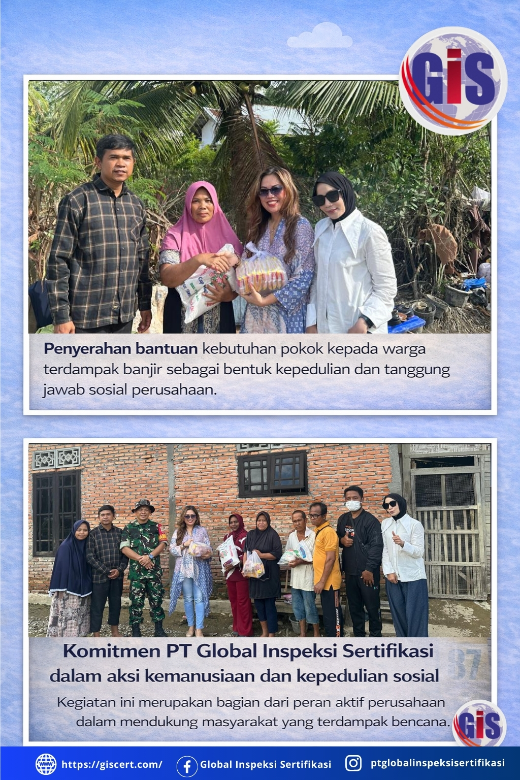 PT Global Inspeksi Sertifikasi (GIS) menyalurkan bantuan kemanusiaan kepada masyarakat terdampak banjir di Desa Paya Perupuk, Kecamatan Tanjung Pura, Kabupaten Langkat, Sumatera Ut